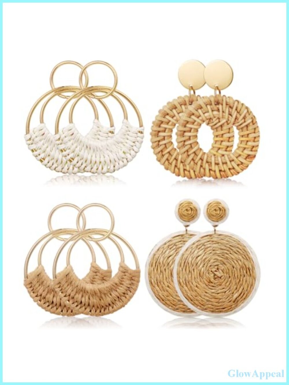 4 Pairs Handmade Raffia Rattan Bohemian Drop Dangle Earrings for Women